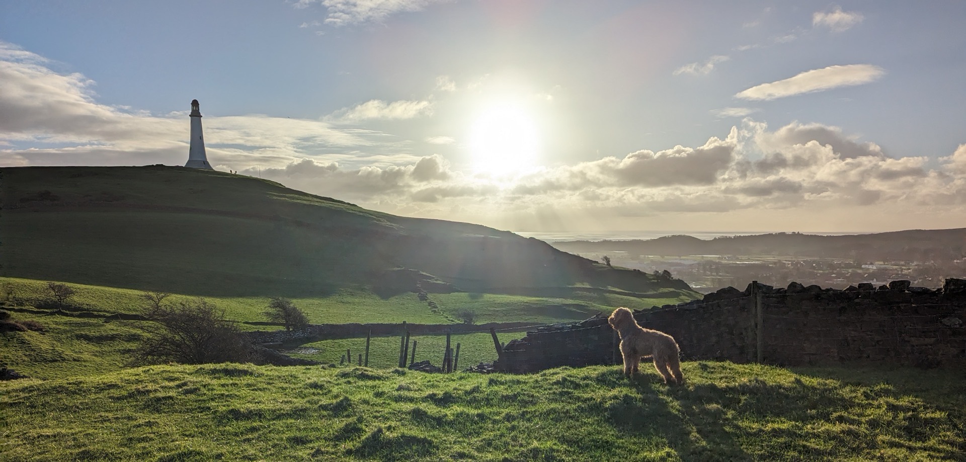 Hoad Monument above Ulverston, looking over the town to Morecambe Bay